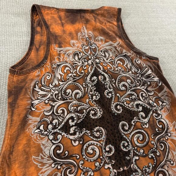 Vintage Grunge Long Tank Top Orange Tie Dye Black Cross Rhinestone Bling Y2K - Picture 7 of 8